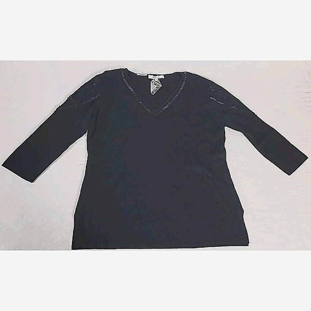 Loulou Studio Sweater 1X Black  Pullover V-Neck Black Rhinestone At Neck Sleeve